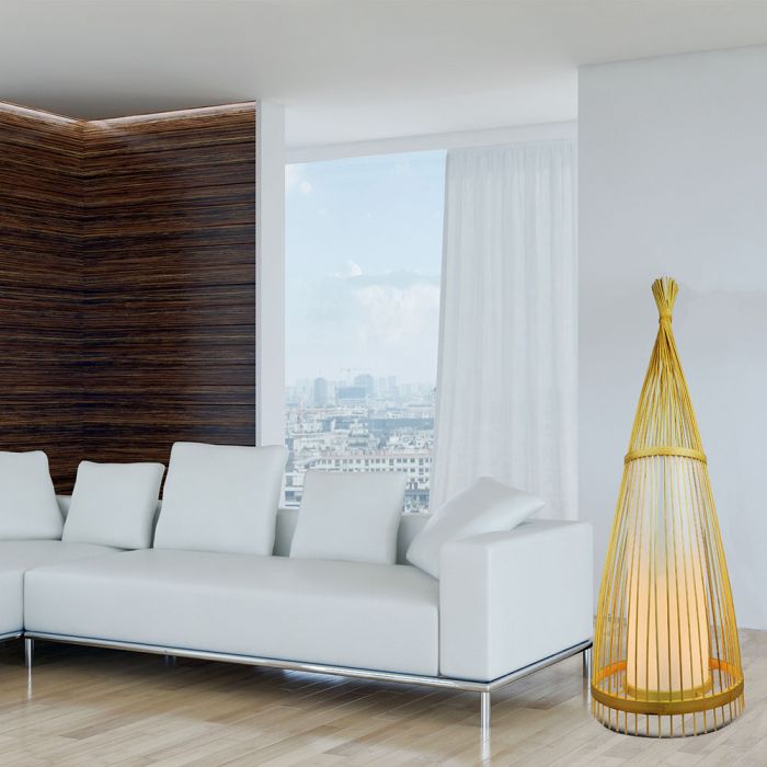 LED E27 FLOOR PENDANT WITH RATTAN  LAMPSHADE  ROUND 40X150 WOODEN