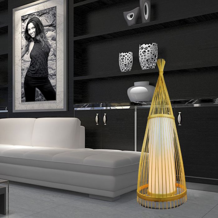 LED E27 FLOOR PENDANT WITH RATTAN  LAMPSHADE  ROUND 40X150 WOODEN
