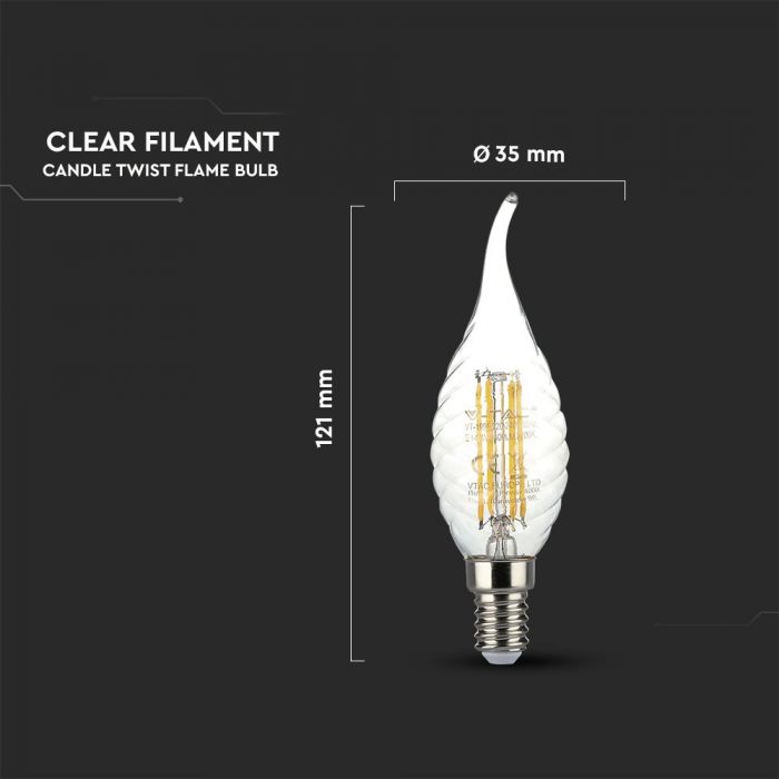 LED E14 FILAMENT LAMP 4W WW 400lm 300° 35X121 TWIST CANDLE FLAME DIMMABLE