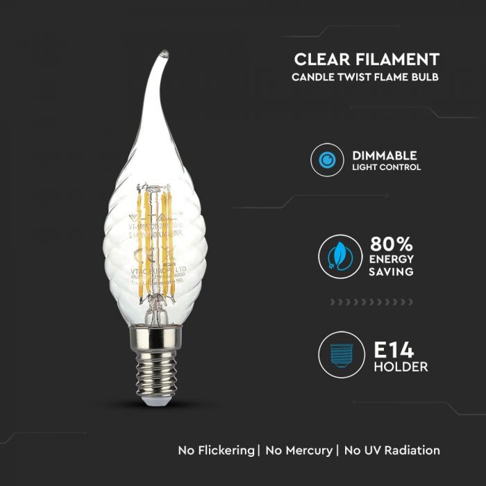 LED E14 FILAMENT LAMP 4W WW 400lm 300° 35X121 TWIST CANDLE FLAME DIMMABLE