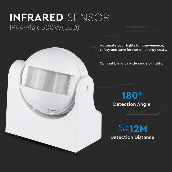 LED INFRARED MOTION SENSOR WALL 180° 12m IP44 Max. 300W