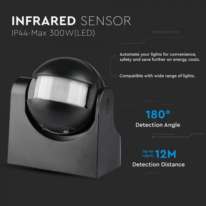 LED INFRARED MOTION SENSOR WALL 180° 12m MAX. 300W IP44 BLACK