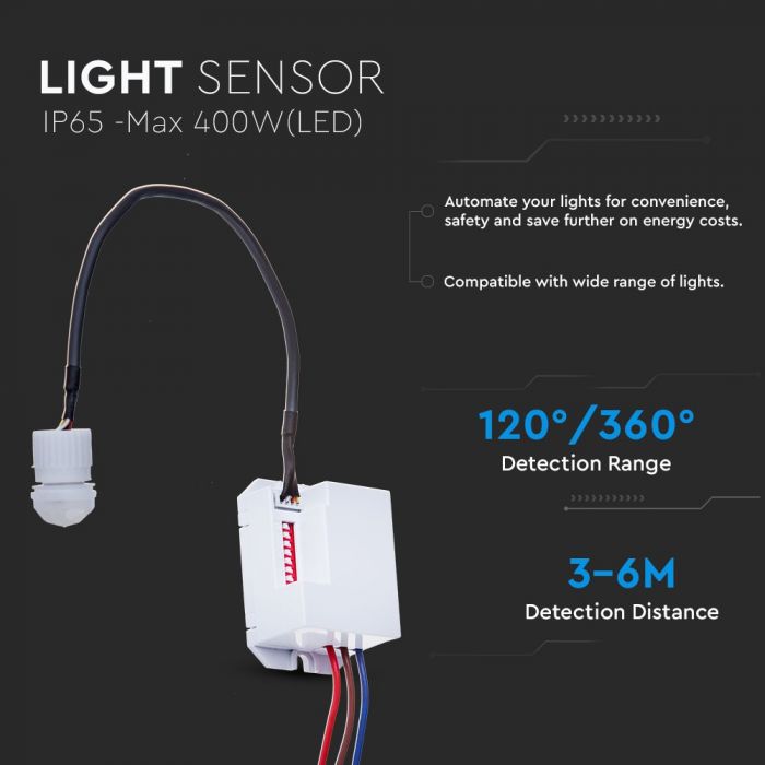 LED IR MOTION SENSOR 800W 3-6M 5sec-8min120-360° IP20