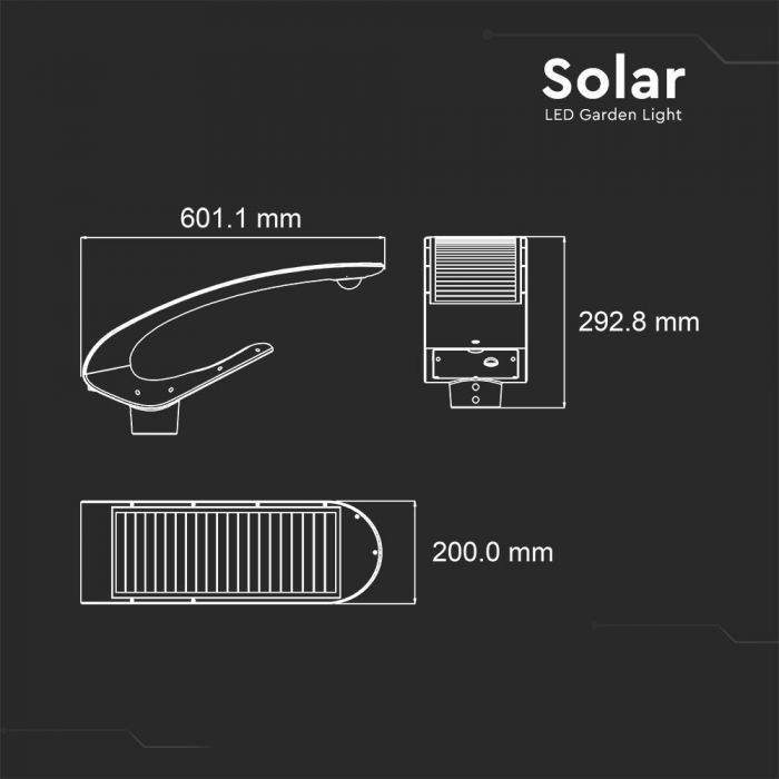LED SOLAR GARDEN LIGHT 20W CW 2000lm 120° 586X200X333 IP65