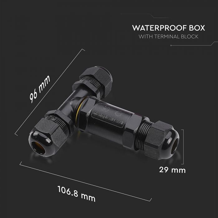 PLASTIC (UV Resistant) T-SHAPE BOX + TERMINAL BLOCK 450V (8-12mm) IP68 BLACK