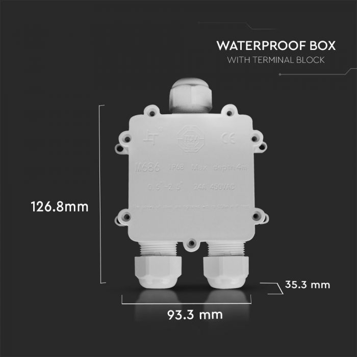 PLASTIC (UV Resistant) SQUARE BOX + TERMINAL BLOCK 450V (8-12mm) IP68 WHITE