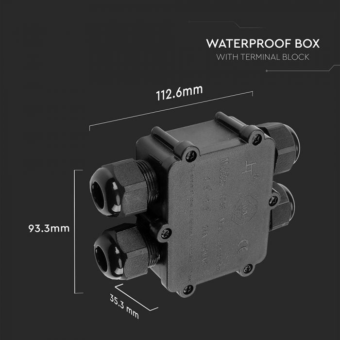 PLASTIC (UV Resistant) 4-PIN SQUARE BOX + TERMINAL BLOCK 450V (8-12mm) IP68 BLACK
