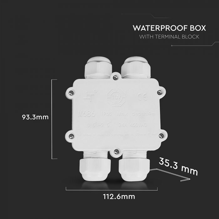 PLASTIC (UV Resistant) 4-PIN SQUARE BOX + TERMINAL BLOCK 450V (8-12mm) IP68 WHITE