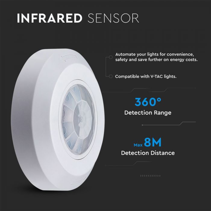 LED INFRARED MOTION SENSOR CEILING 360° 8M IP20 Max 200W 76X20 WHITE