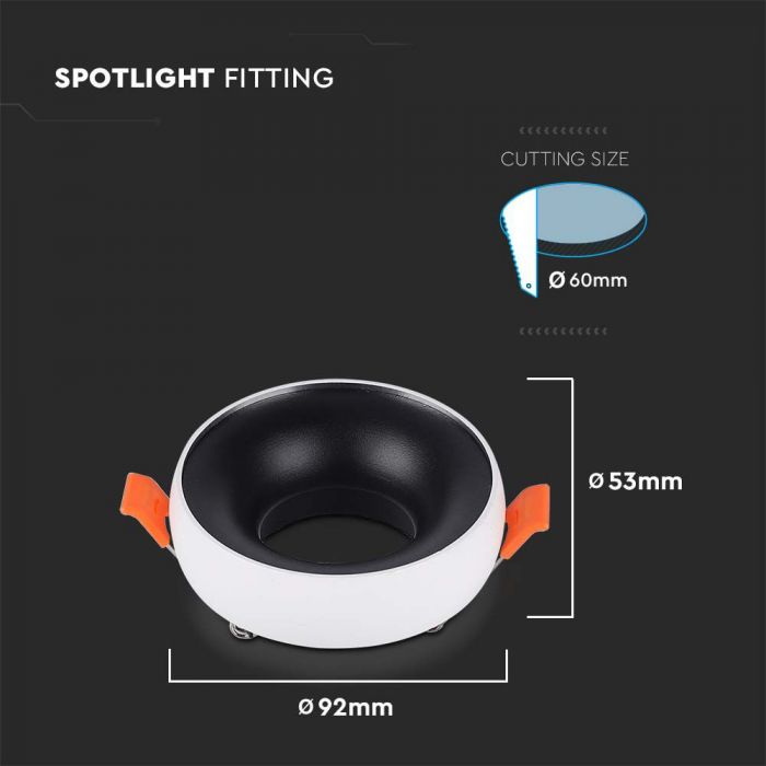 LED GU10 FITTING ROUND WHITE FRAME+BLACK REFLECTOR 92x53mm (60mm)