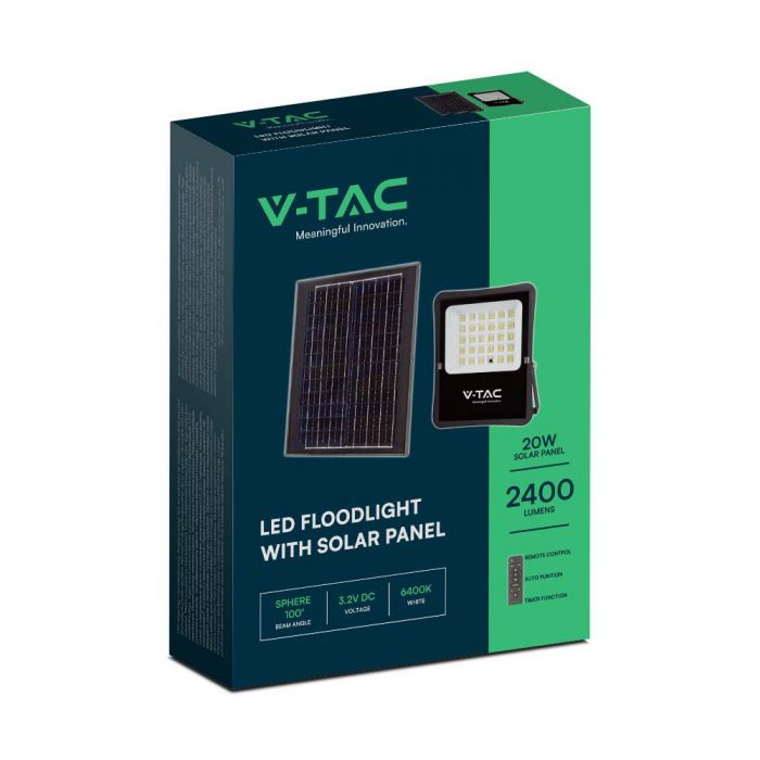 LED SOLAR FLOOD LIGHT 20W CW 2400lm 100° 255x310x50 (450x350 PANEL) IP65 BLACK