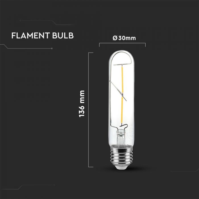 LED E27 FILAMENT LAMP CLEAR T30 2W WW 200lm 300° 30X136