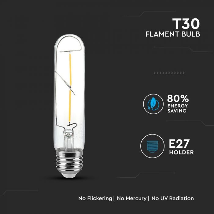 LED E27 FILAMENT LAMP CLEAR T30 2W WW 200lm 300° 30X136