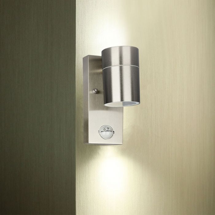 LED WALL FITTING STAINLESS STEEL GU10 1WAY 110X67X163 IP44 WITH SENSOR