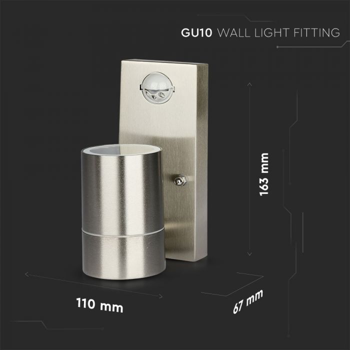 LED WALL FITTING STAINLESS STEEL GU10 1WAY 110X67X163 IP44 WITH SENSOR