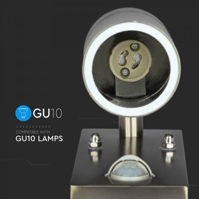 LED WALL FITTING STAINLESS STEEL GU10 1WAY 110X67X163 IP44 WITH SENSOR