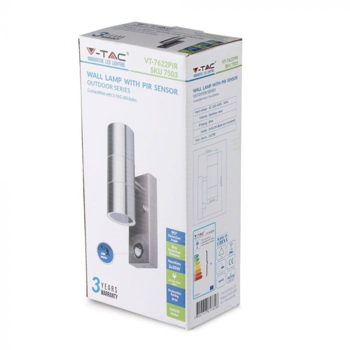 LED WALL FITTING STAINLESS STEEL GU10 2WAY 110X67X220 IP44 WITH SENSOR
