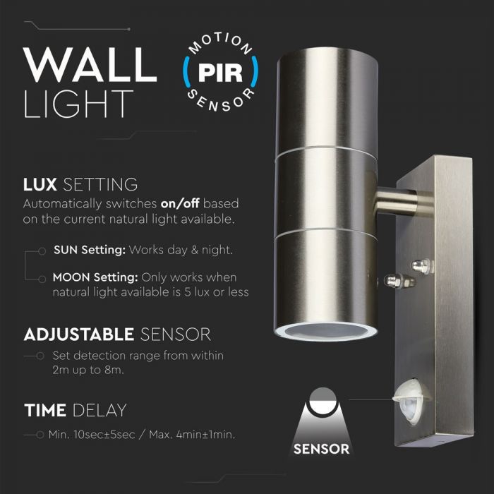 LED WALL FITTING STAINLESS STEEL GU10 2WAY 110X67X220 IP44 WITH SENSOR