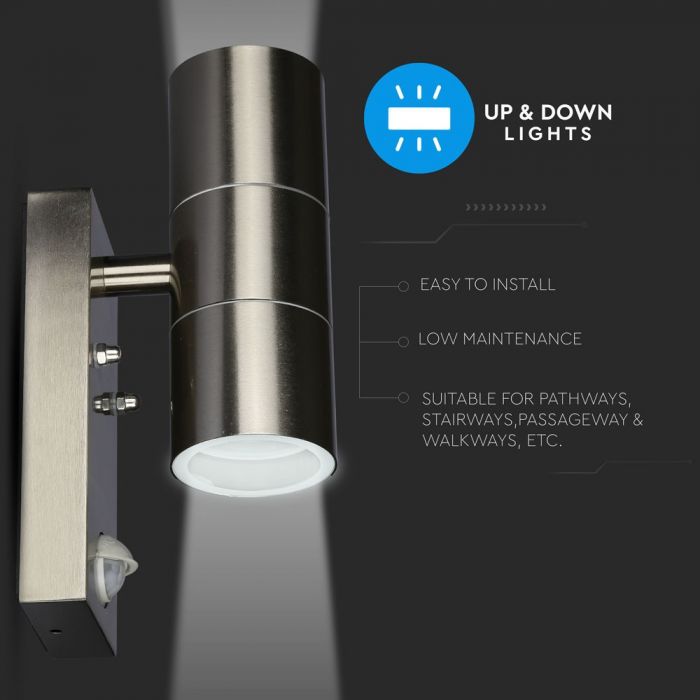 LED WALL FITTING STAINLESS STEEL GU10 2WAY 110X67X220 IP44 WITH SENSOR