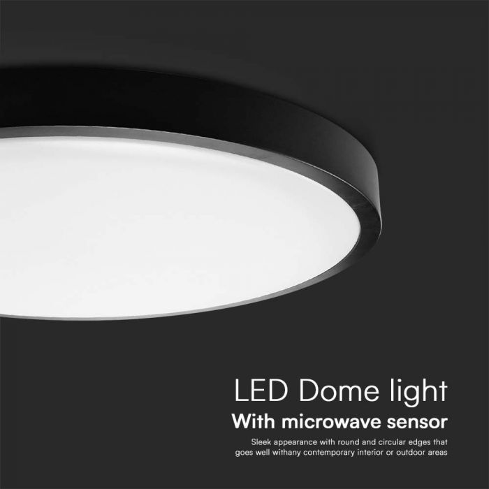 LED DOME LIGHT MICROWAVE SENSOR ROUND 24W 2500lm DL 350x61mm IP44 BLACK