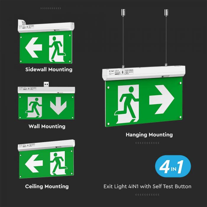 LED EMERGENCY EXIT LIGHT 4IN1 SELF TEST BUTTON RF CONTROL 2.5W 100lm CW