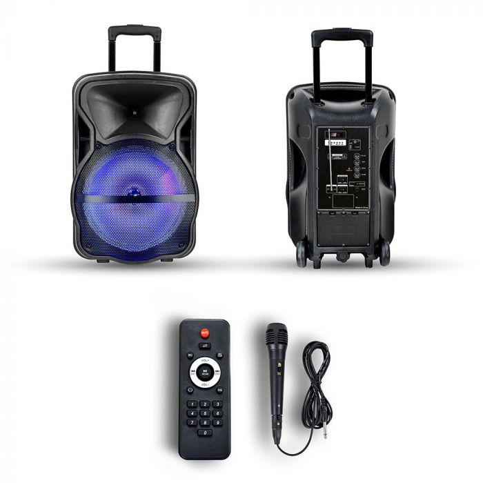 Rechargeable 12-inch Trolley 35W SPEAKER with One Wired Microphone/RF CONTROL/FM/USB/MICRO SD/RGB