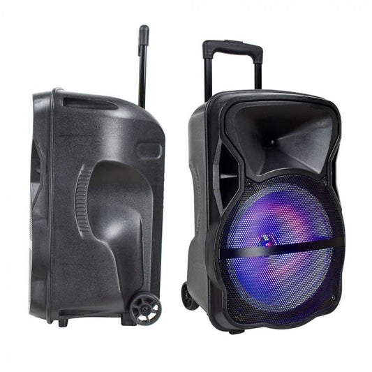 Rechargeable 15-inch Trolley 50W SPEAKER with 1 Wireless + 1 Wired Microphone/RF CONTROL/USB/MICRO SD/RGB