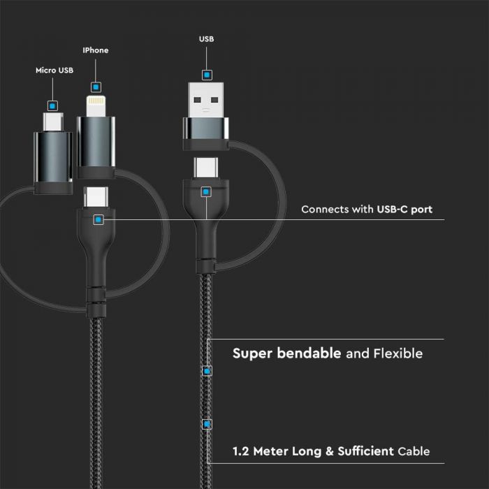 5IN1 CHARGING CABLE 1200mm 3.1A Max BLACK