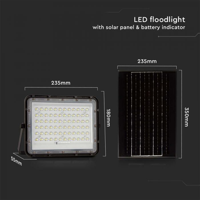 LED SOLAR FLOODLIGHT CW 1200lm 12000 mAh BATTERY 3M CABLE SMART IR REMOTE 235x55x180mm