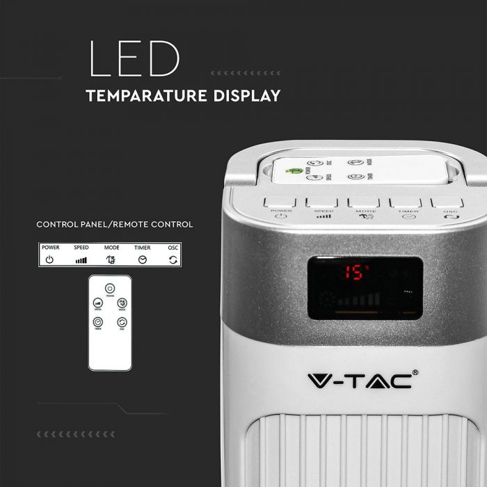 LED TOWER FAN WITH TEMPARATURE DISPLAY & REMOTE CONTROL 55W 3SPEED TIMER 30X30X95.5 WHITE