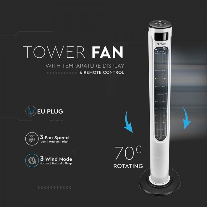 LED TOWER FAN WITH TEMPARATURE DISPLAY & REMOTE CONTROL 55W 3SPEED TIMER 30X30X120 WHITE