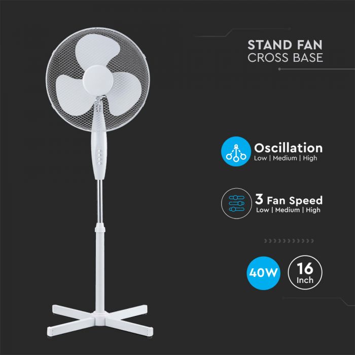 STAND FAN WITH 60CM CROSS BASE/3 BLADES 16"/4 BUTTONS 40W WHITE