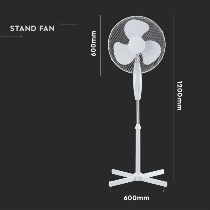 STAND FAN WITH 60CM CROSS BASE/3 BLADES 16"/4 BUTTONS 40W WHITE
