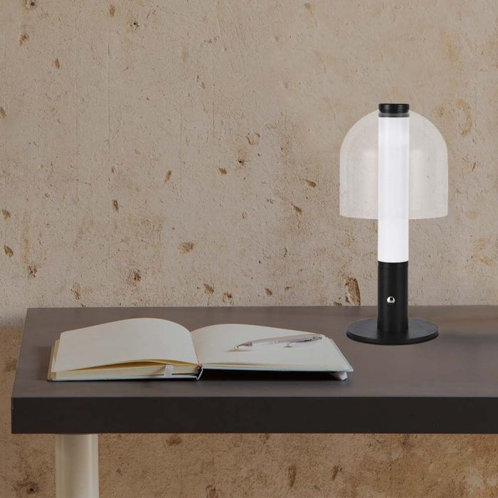 LED TABLE LAMP 1800mAH BATTERY D:140x300 3IN1 BLACK+TRANSPARENT GLASS BODY