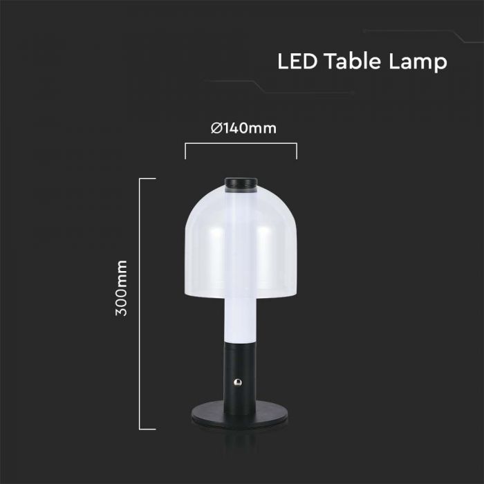 LED TABLE LAMP 1800mAH BATTERY D:140x300 3IN1 BLACK+TRANSPARENT GLASS BODY