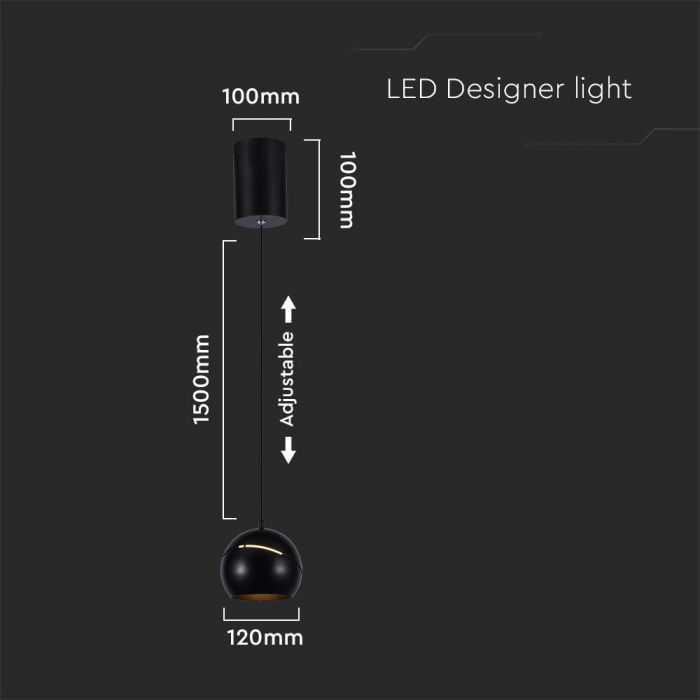 LED PENDANT LIGHT 8.5W WW 850lm ADJUSTABLE WIRE & TOUCH LIGHT ON/OFF 120x1600mm BLACK