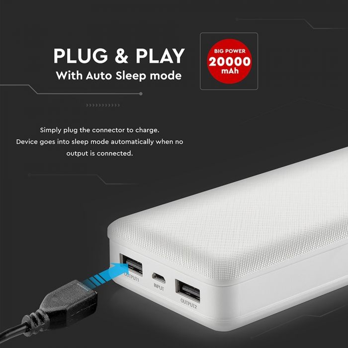 POWER BANK 20000mAh/74wh 2xUSB PORTS 5V WHITE