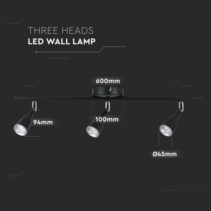 3 x 4.5W LED Wall Lamp Natural White Black
