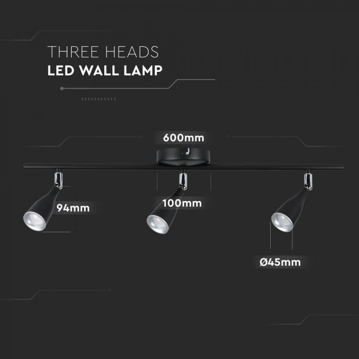 LED WALL LIGHT BLACK 13.5W WW 1080lm 100° 600X100X94 PLASTIC+METAL