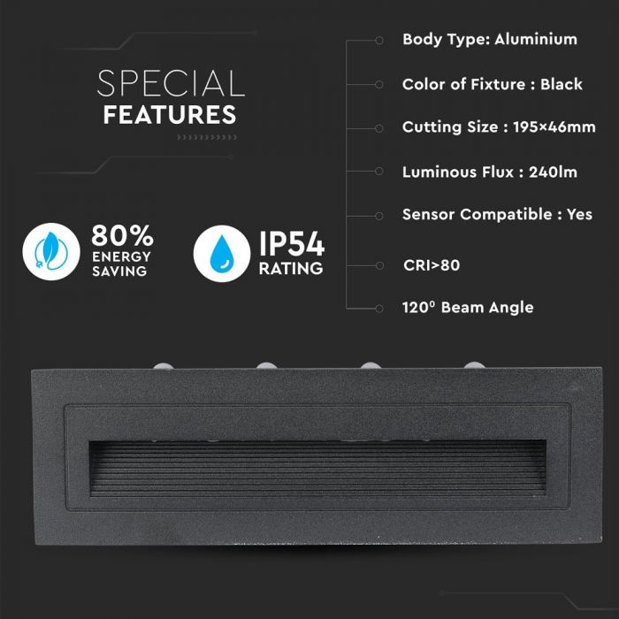 LED STEPLIGHT RECTANGLE 6W DL 120° 240lm BLACK 210X65X60 (195X46)