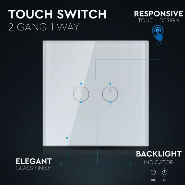 TOUCH SWITCH 2 GANG 1 WAY PC/GLASS 5-500W 10A IP20 WHITE