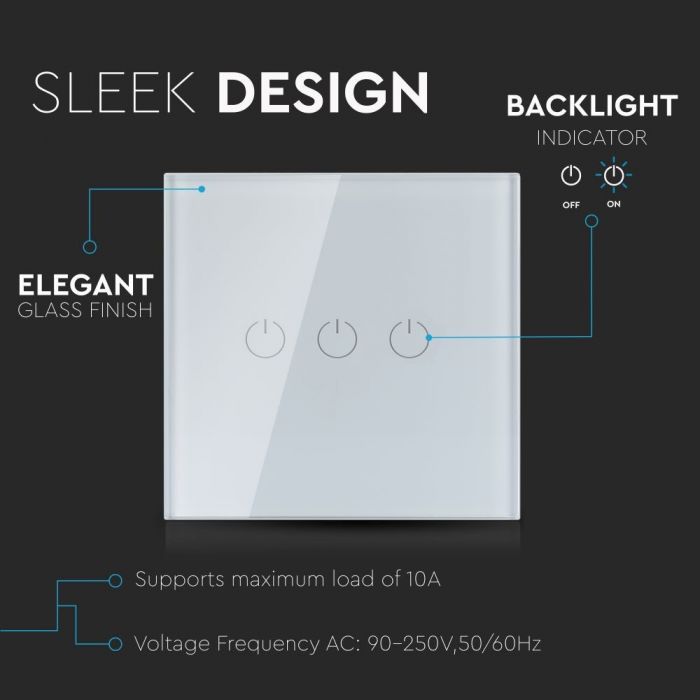 WIFI TOUCH SWITCH PC/GLASS COMAPATIBLE WITH Amazon Aleza & Google Home 3 GANG 2200W 10A IP40