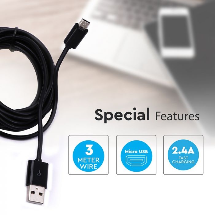USB MICRO CABLE 3M 2.4A BLACK