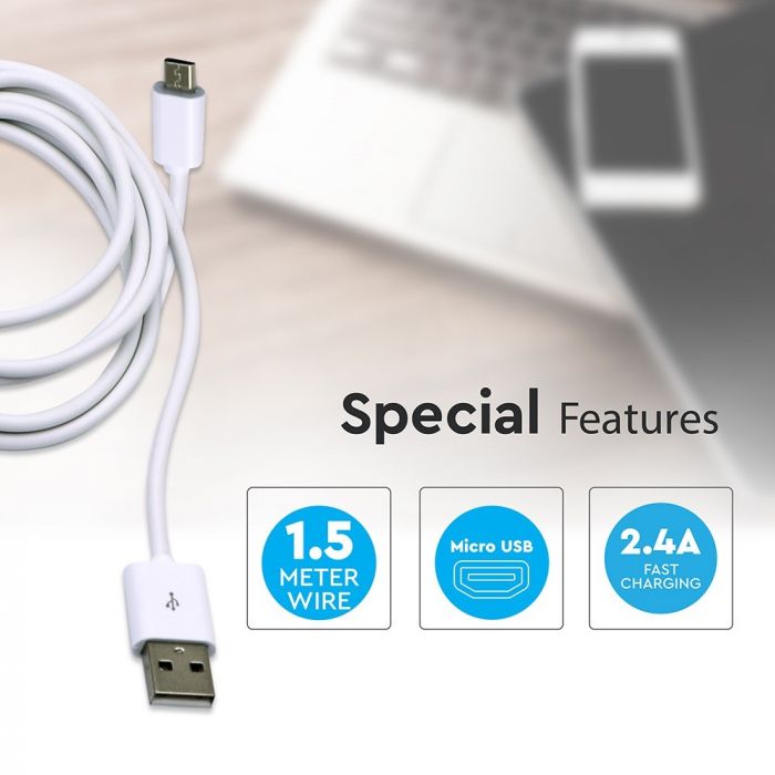 USB MICRO CABLE 1.5M 2.4A WHITE