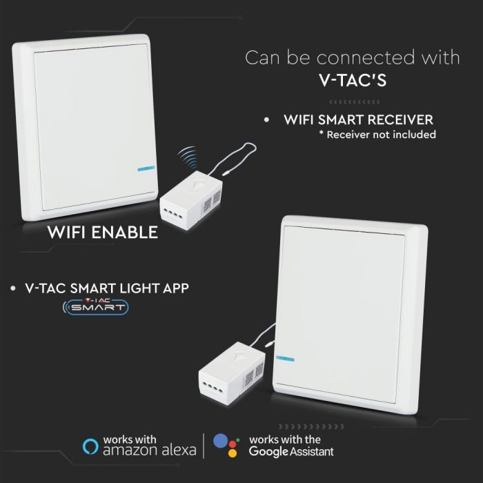 WIRELESS SENSOR SWITCH compatible with V-TAC smart light 1GANG 2-3V (CR2032 BATTERY) 86X86X11 IP54