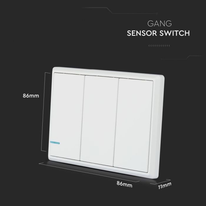 WIRELESS SENSOR SWITCH compatible with V-TAC smart light 3GANG 2-3V (CR2032 BATTERY) 86X86X11 IP54