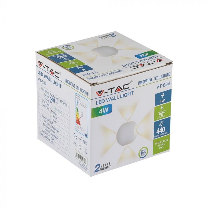 LED WALL LIGHT ROUND ALUMINIUM 4W WW 440lm 4*90° 112X112X100 WHITE IP65