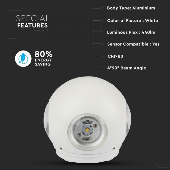 LED WALL LIGHT ROUND ALUMINIUM 4W WW 440lm 4*90° 112X112X100 WHITE IP65