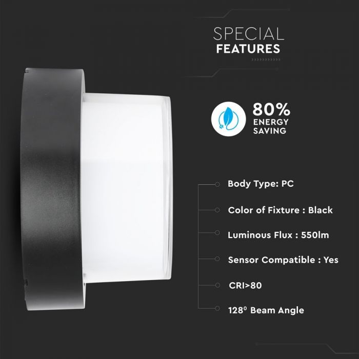LED WALL LIGHT ROUND 7W WW 550lm 128° 133X67 PC BLACK IP65