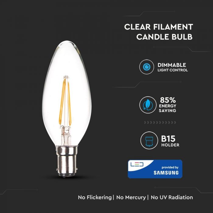 LED B22 FILAMENT LAMP 4W WW 350lm 300° 37X102 CANDLE SAMSUNG CHIP DIMMABLE